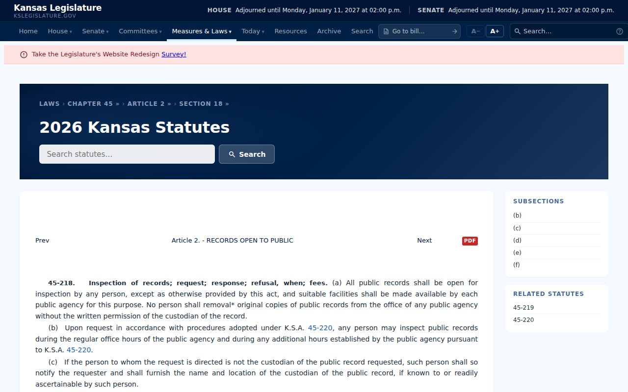 Kansas Legislature K.S.A. 45-218 page relevant to Hudson public record requests