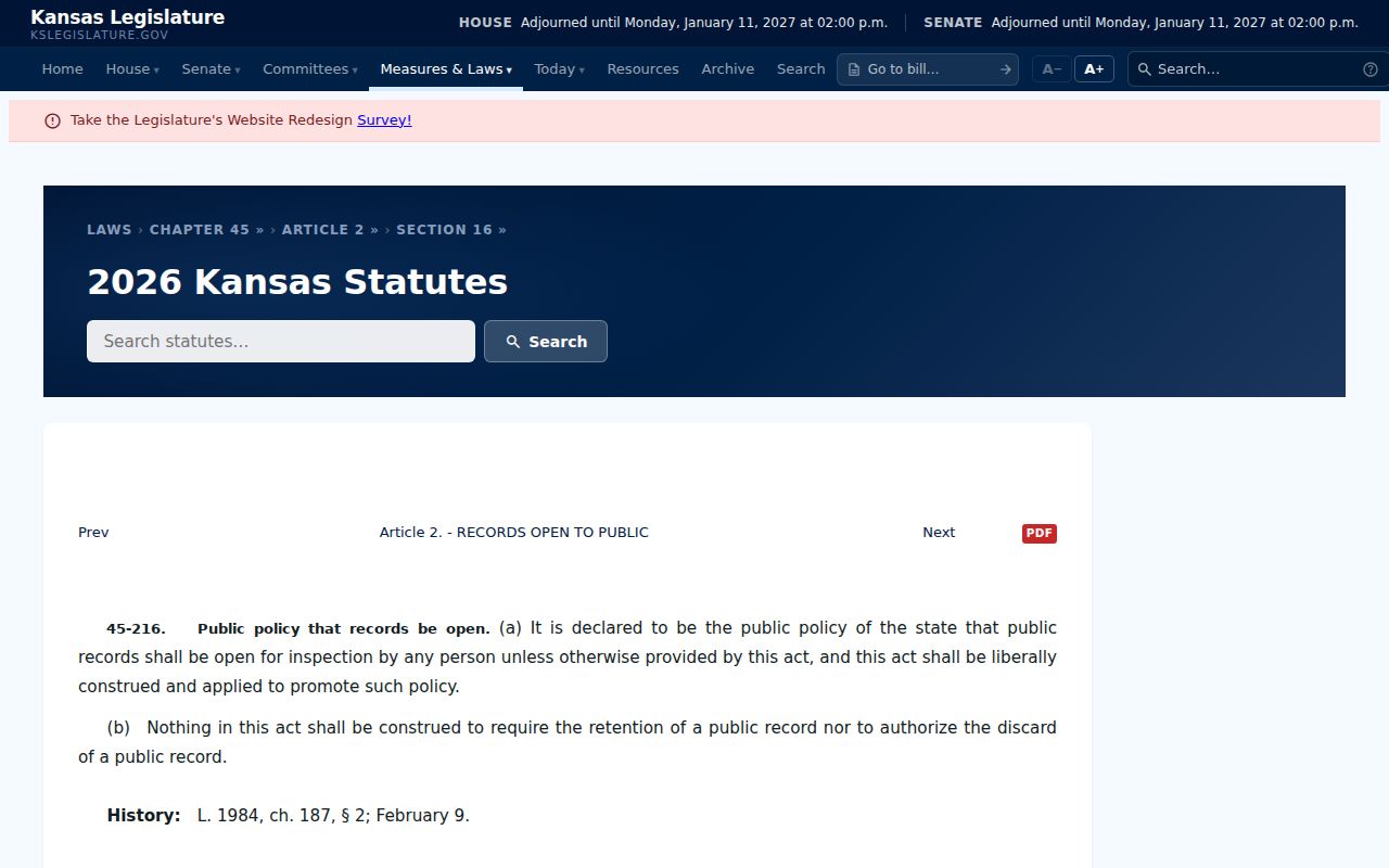 Kansas Legislature K.S.A. 45-216 page used for Hudson court record context