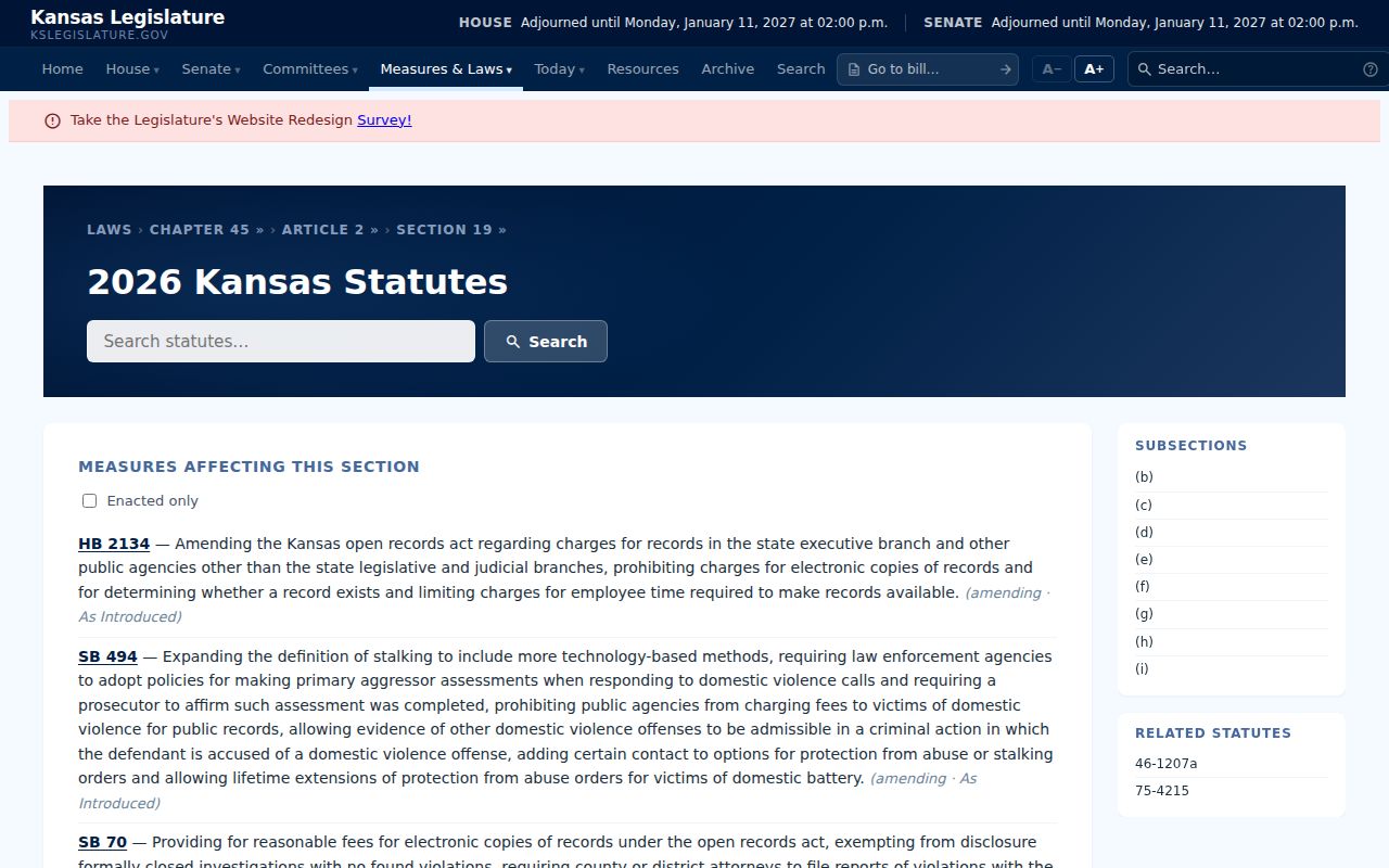 Kansas Legislature K.S.A. 45-219 page on copy fees for Hudson requests