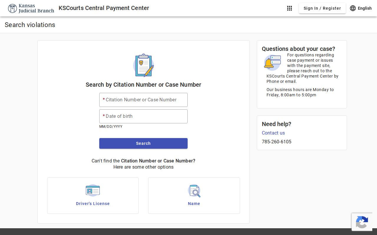 Kansas Central Payment Center traffic citation search modes for Stafford County