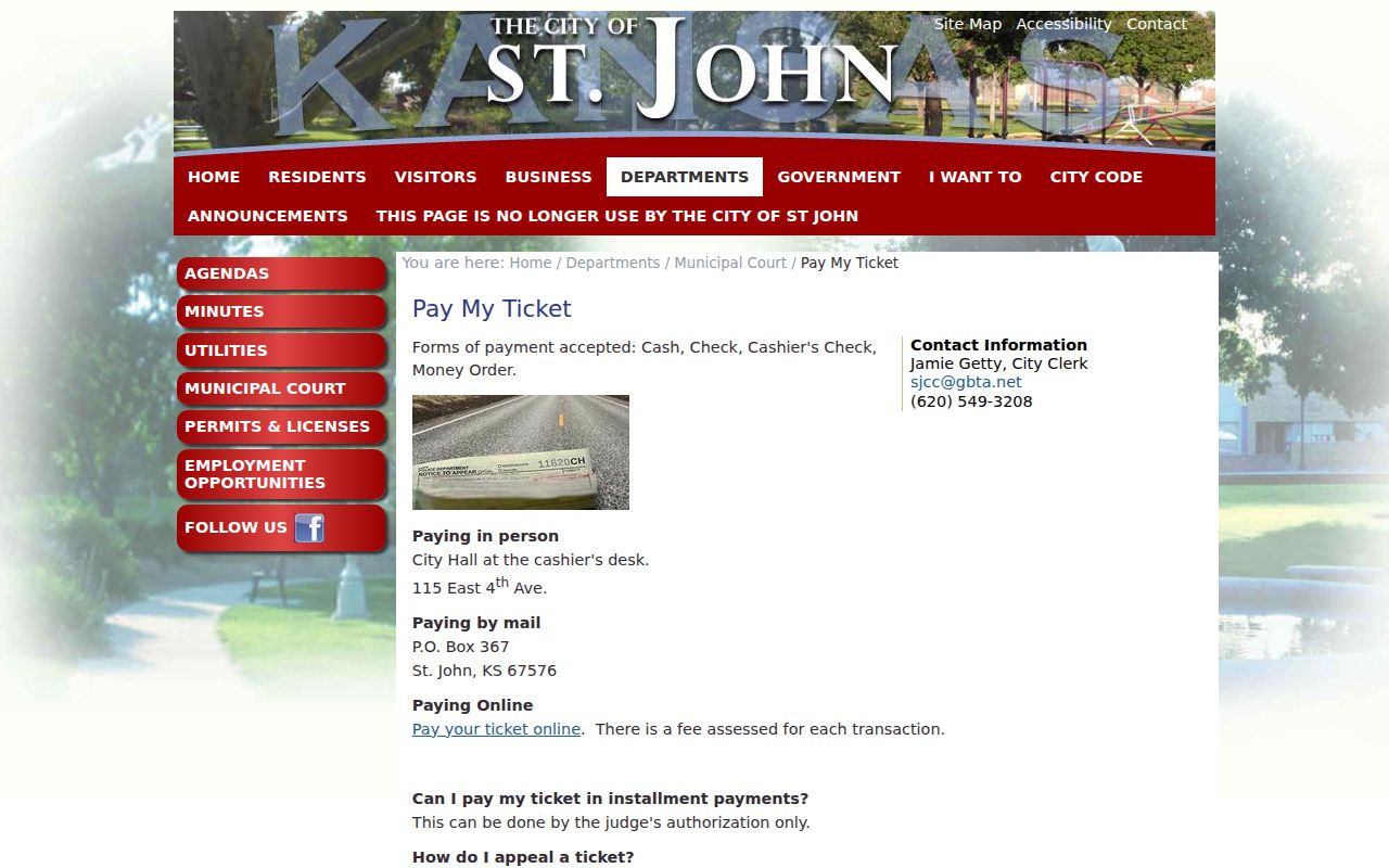 Official St. John municipal ticket payment instructions and appearance deadline
