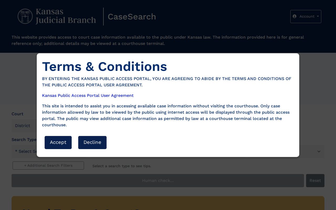 Kansas District Court case search entry point for Stafford County court dockets